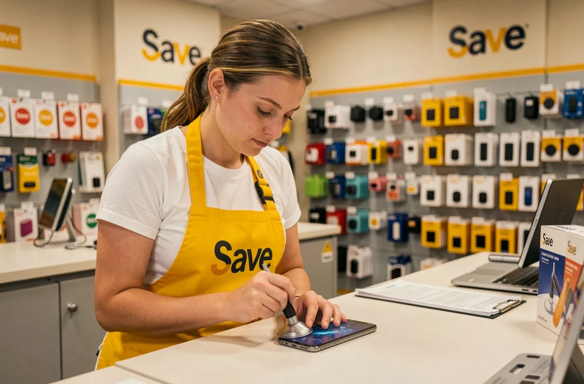 Technicienne Save Rennes ouvrant un smartphone avec un outil ventouse dans la boutique