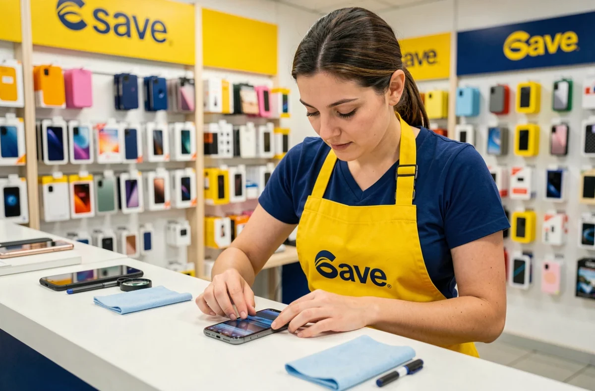 Technicienne Save Vannes inspectant un smartphone réparé avec une loupe dans la boutique de réparation