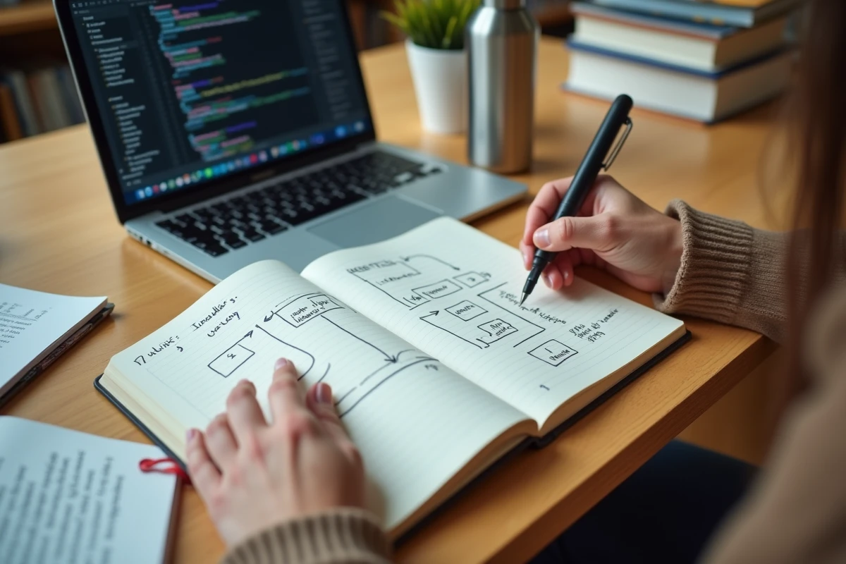 Architecture d'un module Python schématisée à la main dans un carnet de notes sur un bureau de bibliothèque universitaire