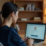 Femme vérifiant la sécurité de son compte email Webmel Nancy sur un ordinateur portable dans un bureau à domicile