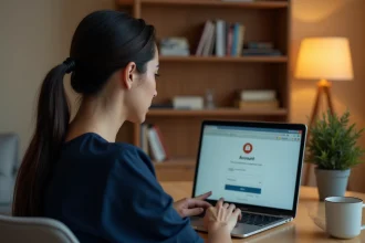 Femme vérifiant la sécurité de son compte email Webmel Nancy sur un ordinateur portable dans un bureau à domicile