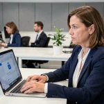 Femme professionnelle sécurisant ses emails sur un ordinateur portable dans un bureau moderne en 2026