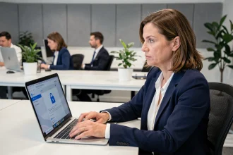 Femme professionnelle sécurisant ses emails sur un ordinateur portable dans un bureau moderne en 2026