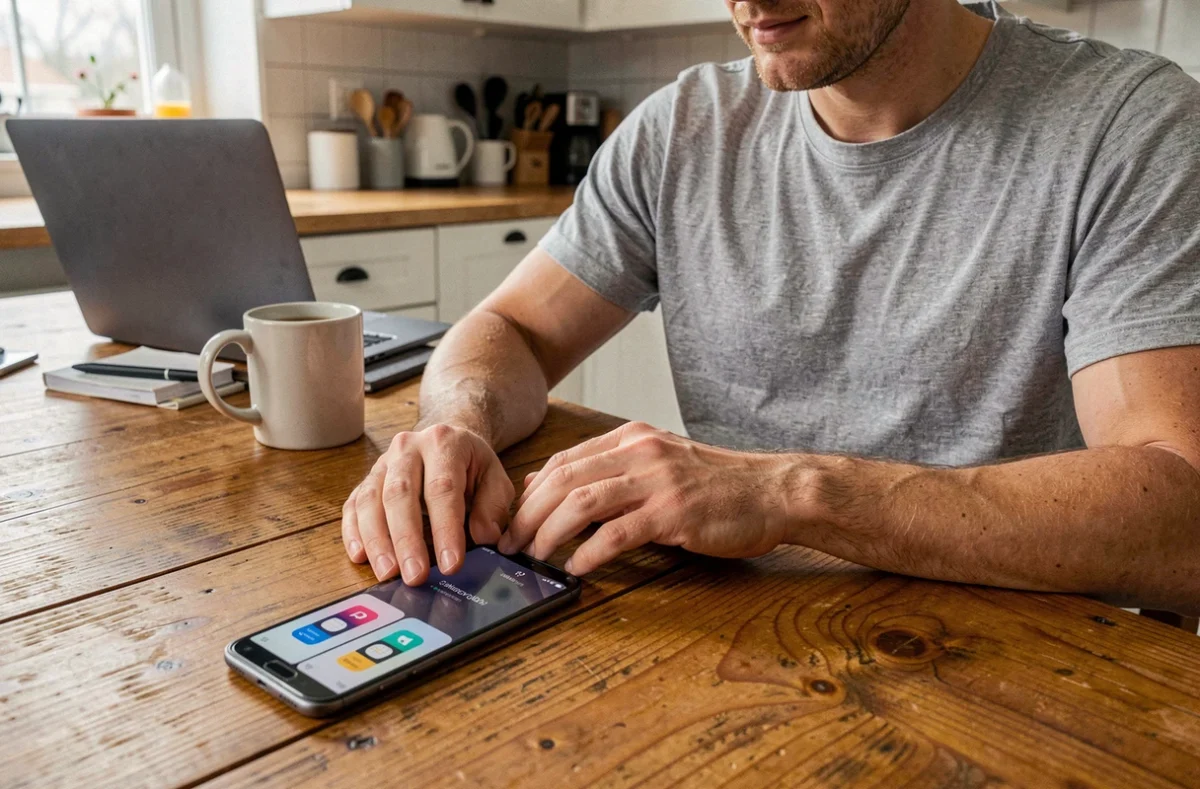 Homme utilisant un smartphone double SIM Galaxy depuis son domicile avec notifications professionnelles et personnelles séparées