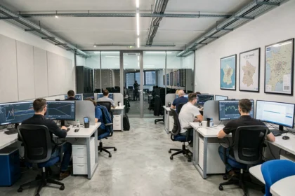 Vue d'ensemble d'un bureau de maintenance informatique moderne dans les Hauts-de-Seine avec des techniciens au travail