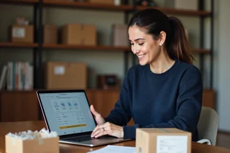 Femme souriante vérifiant le suivi de livraison d'un colis e-commerce sur son ordinateur portable dans un bureau à domicile