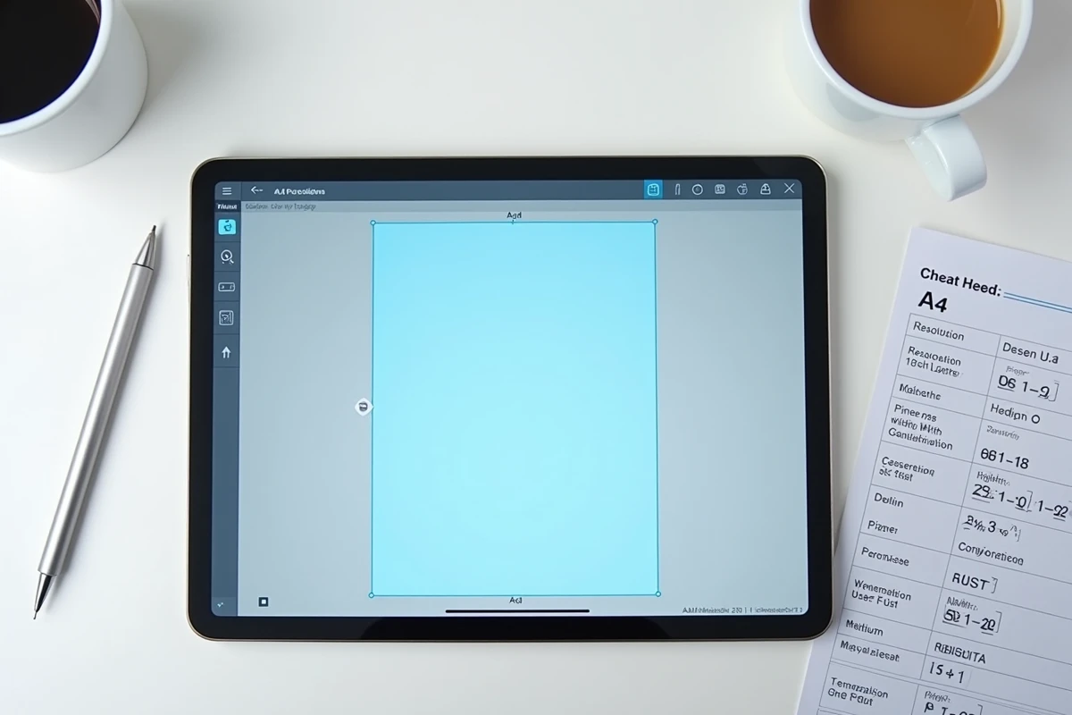 Vue de dessus d'une tablette affichant un document A4 avec les dimensions en pixels dans un logiciel de design graphique