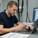 Technicien informatique insérant une clé USB bootable dans un laptop pour installer Windows 7 64 bits