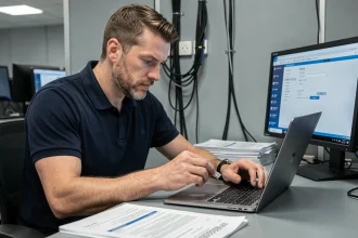 Technicien informatique insérant une clé USB bootable dans un laptop pour installer Windows 7 64 bits