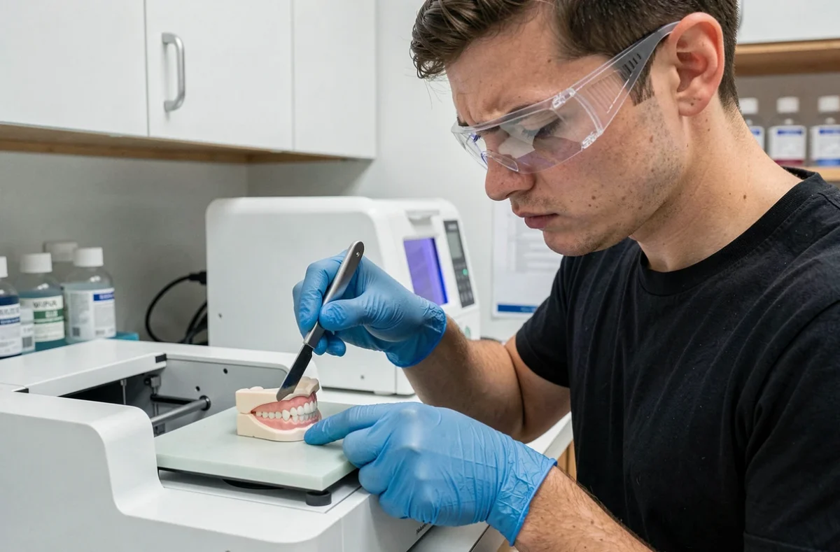 Technicien en prothèse dentaire retirant un modèle dentaire imprimé en résine d'une imprimante 3D SLA dans un laboratoire professionnel
