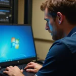 Technicien informatique installant Windows 7 Professional sur un ordinateur portable dans une salle serveur
