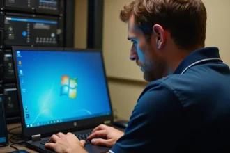 Technicien informatique installant Windows 7 Professional sur un ordinateur portable dans une salle serveur