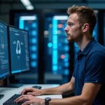 Technicien informatique analysant les performances d'un environnement VDI avec Personal vDisk sur plusieurs écrans dans une salle des opérations de datacenter