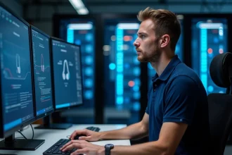 Technicien informatique analysant les performances d'un environnement VDI avec Personal vDisk sur plusieurs écrans dans une salle des opérations de datacenter