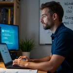 Technicien informatique vérifiant un téléchargement ISO Windows 7 sur un poste de travail encombré avec disques et clés USB