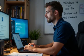 Technicien informatique vérifiant un téléchargement ISO Windows 7 sur un poste de travail encombré avec disques et clés USB