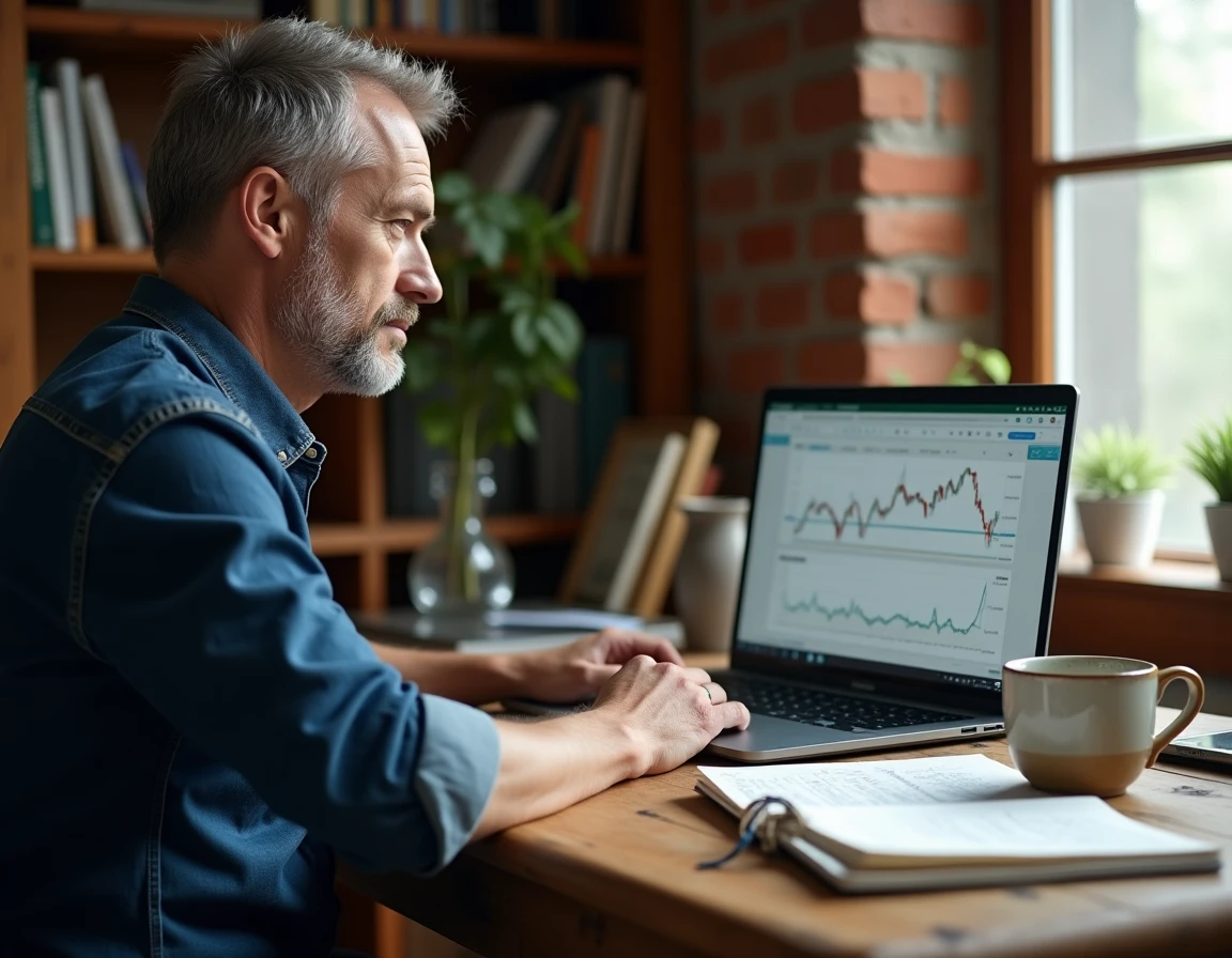 Homme en télétravail analysant des données financières avec Python dans un Jupyter Notebook sur bureau en chêne à domicile