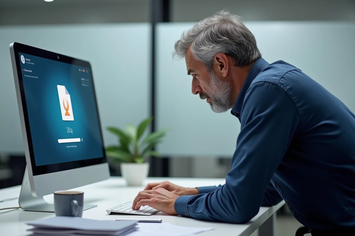 Homme concentré devant un écran d'ordinateur montrant un transfert de fichiers vers un service d'hébergement en ligne