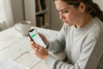 Femme consultant les paramètres de santé de la batterie sur son iPhone pour vérifier le nombre de cycles avant un remplacement en Apple Store