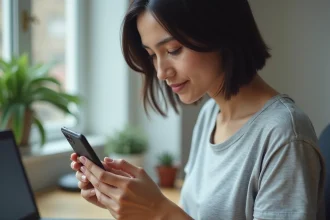Femme tenant un smartphone Samsung pour vider la corbeille et libérer de la mémoire