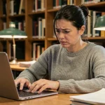 Étudiante frustrée devant son webmail Unicaen qui se charge lentement sur un ordinateur portable en bibliothèque universitaire