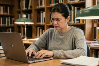 Étudiante frustrée devant son webmail Unicaen qui se charge lentement sur un ordinateur portable en bibliothèque universitaire