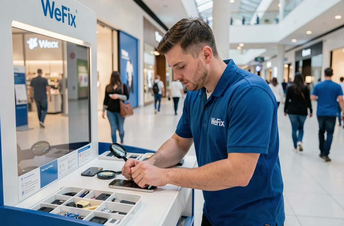 Technicien WeFix Brest installant un nouvel écran sur un smartphone dans un kiosque de centre commercial