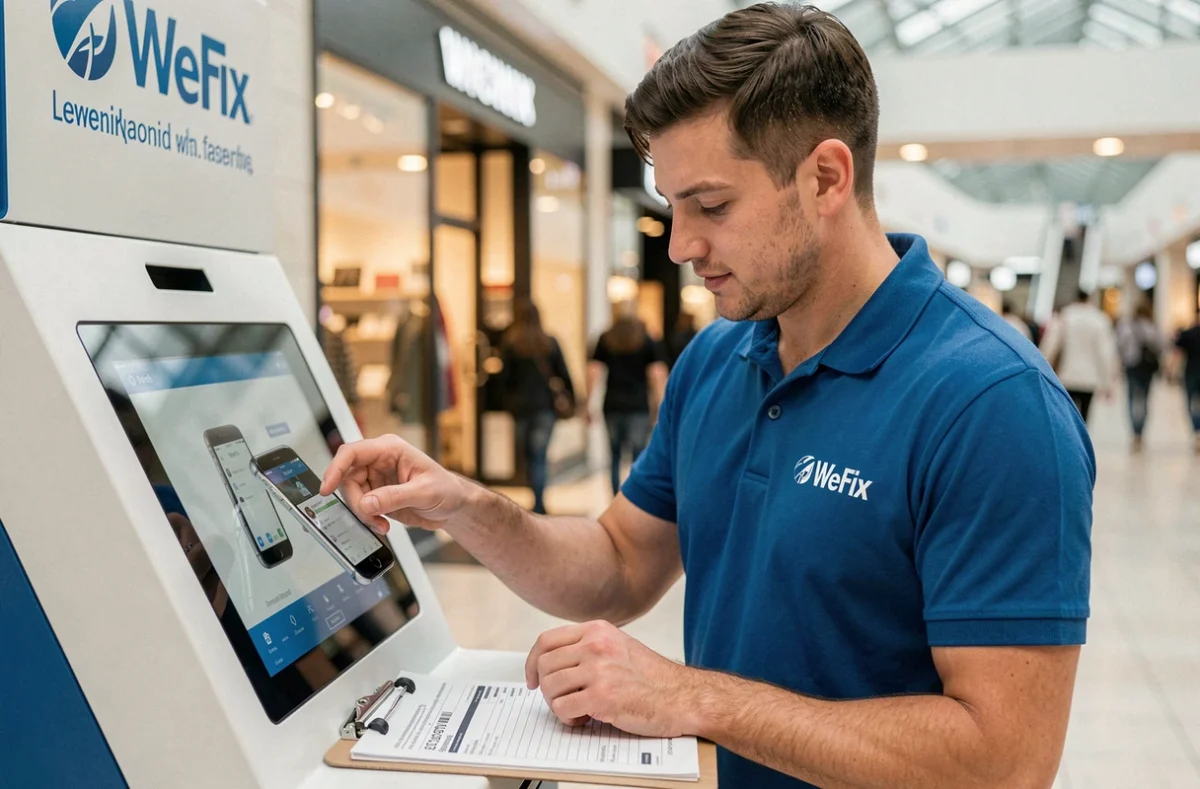 Technicien WeFix Lorient testant la réactivité tactile d'un smartphone réparé dans une boutique de centre commercial