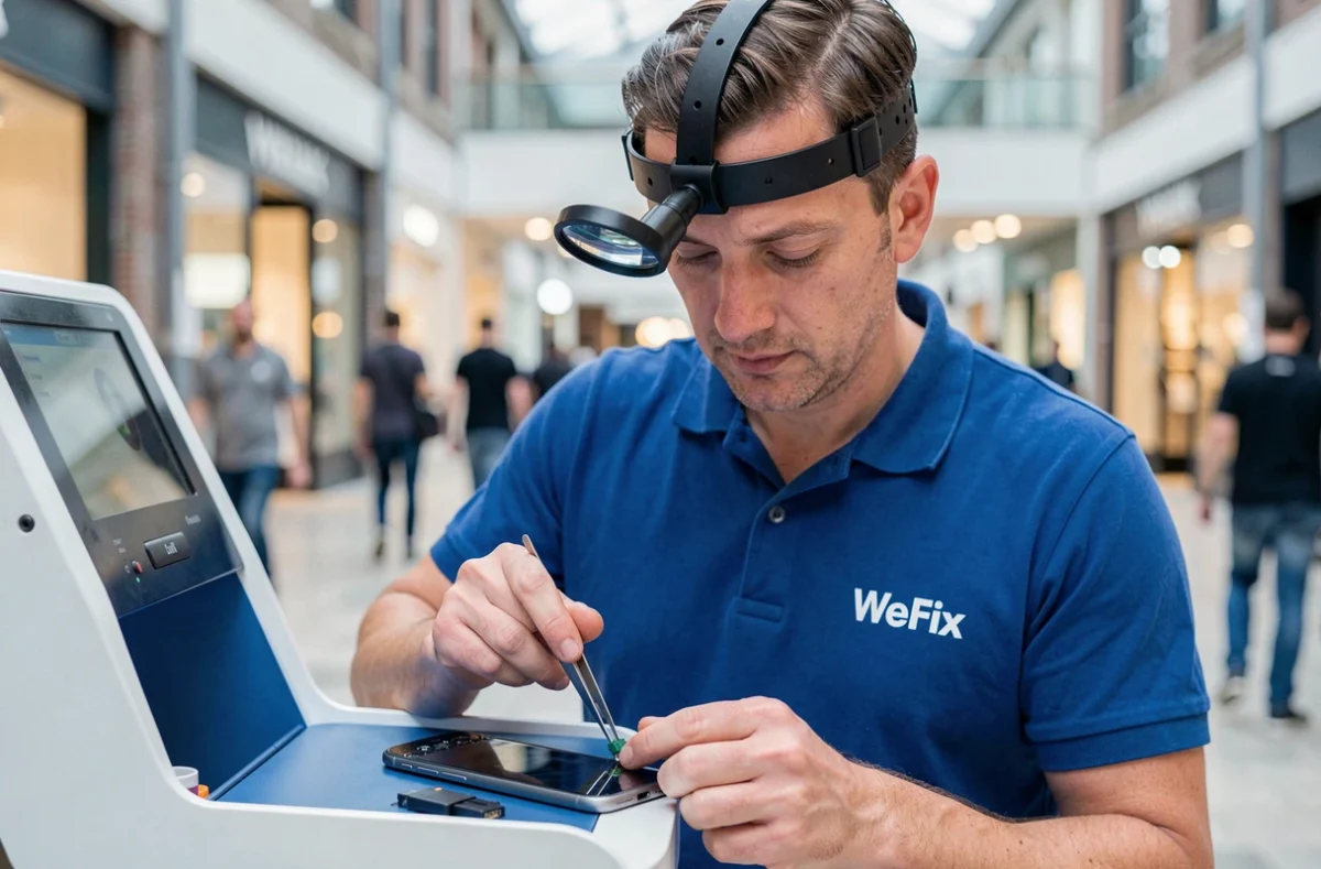 Technicien WeFix Quimper insérant un connecteur de charge dans un smartphone démonté dans un kiosque de réparation