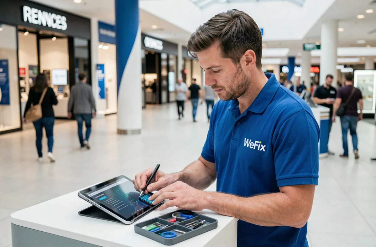 Technicien WeFix Rennes effectuant un diagnostic smartphone dans une borne de réparation en centre commercial