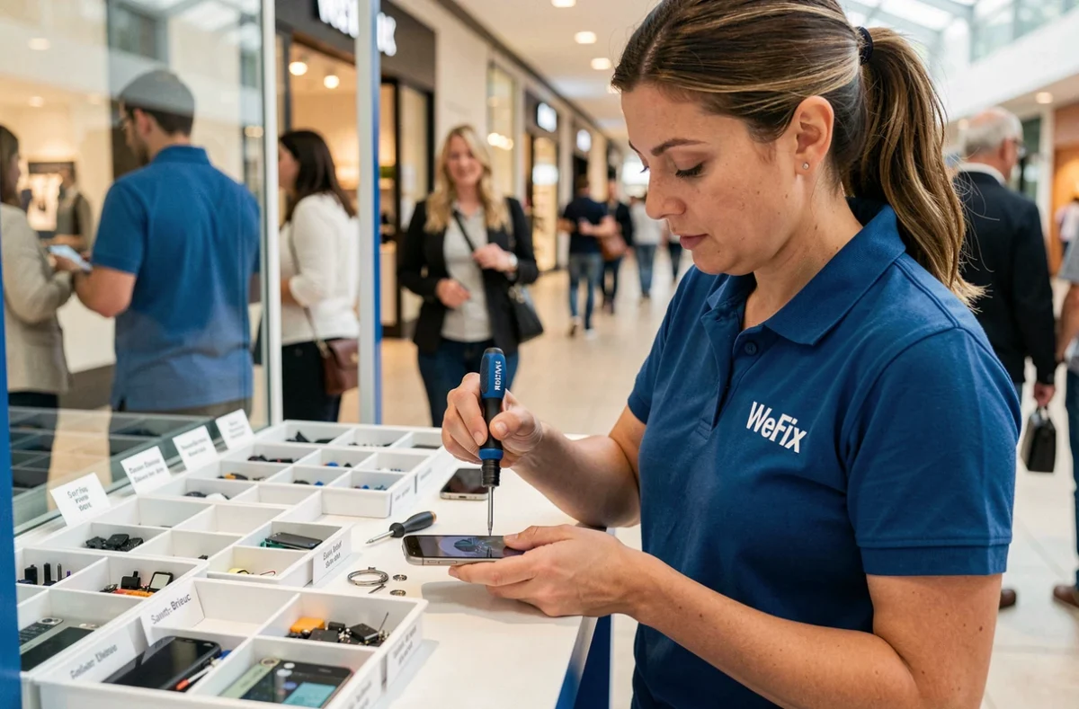 Technicienne WeFix Saint-Brieuc réassemblant un smartphone avec un tournevis de précision dans un kiosque de réparation